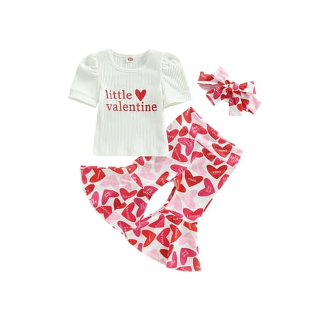 

AmShibel Valentine s Day Kids Girls Clothes Set Long Sleeve Crew Neck T-Shirts Letter Heart Print Flare Pants Headband 3Pcs Set