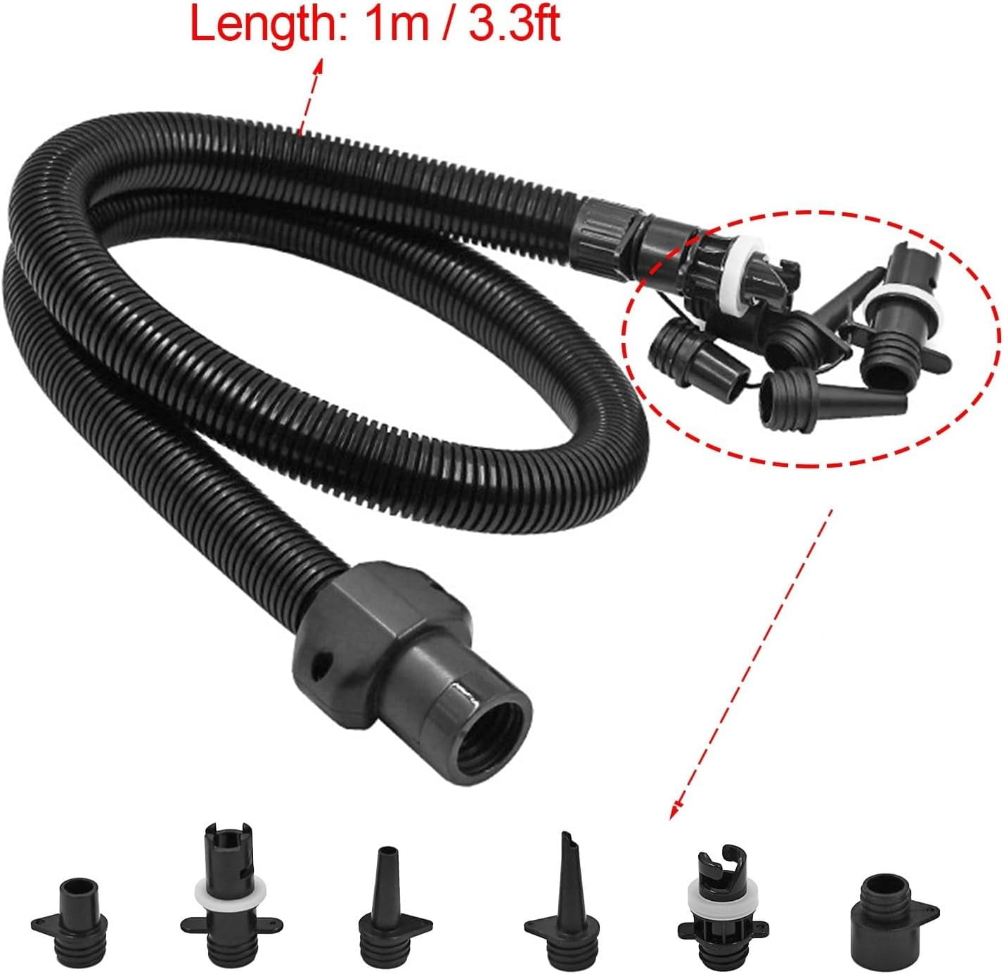 Inflatable Air Hose Nozzle Kit with 6 Sizes for Electric Air Pumps 20PSI, Compatible with HT-781 HT-782 HT-790 HT-792, for Kayak, Paddle Board, Boat, and Water Sports Accessories, Black 3.3ft
