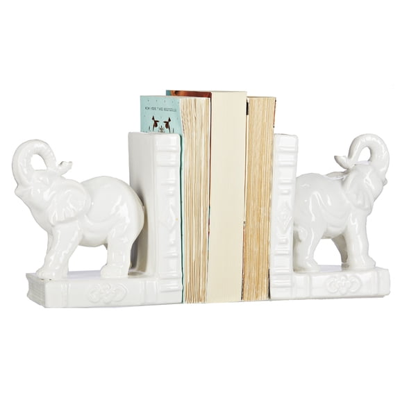 Contemporary Home Living Set of 2 White Unique Animalistic Elephant Book Ends, 8"