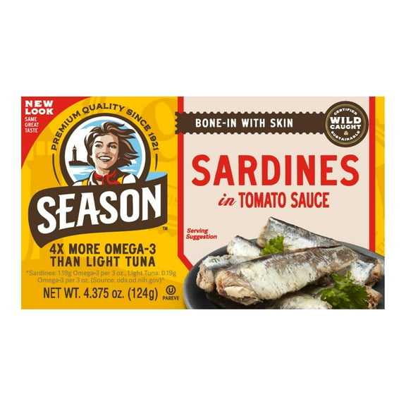 Season Sardines in Tomato Sauce, 4.375-Ounce Tins (Pack of 12)