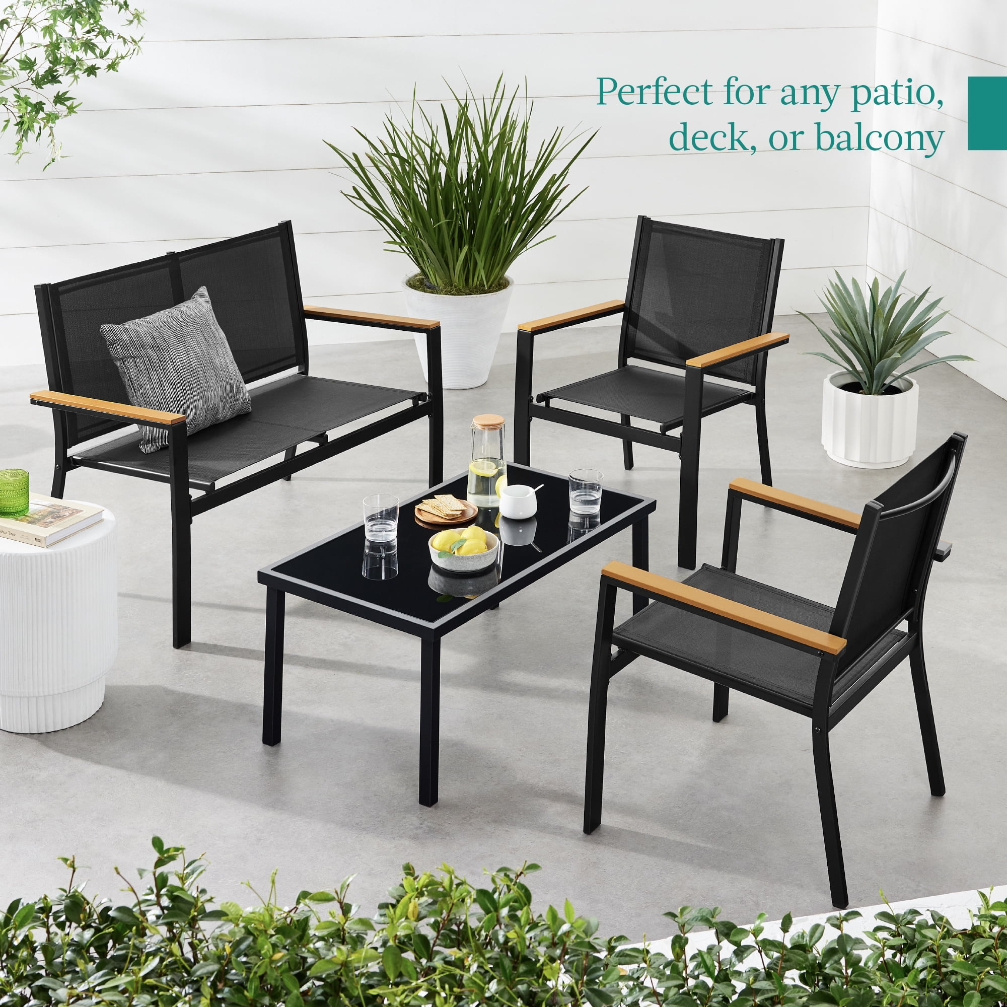 Best Choice Products 4-Piece Outdoor Textilene Patio Conversation Furniture Set w/ Loveseat, Table - Black/Black