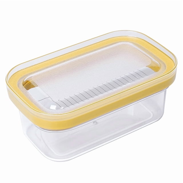 Caja de mantequilla amarilla con tapa de sellado y cortador de acero inoxidable