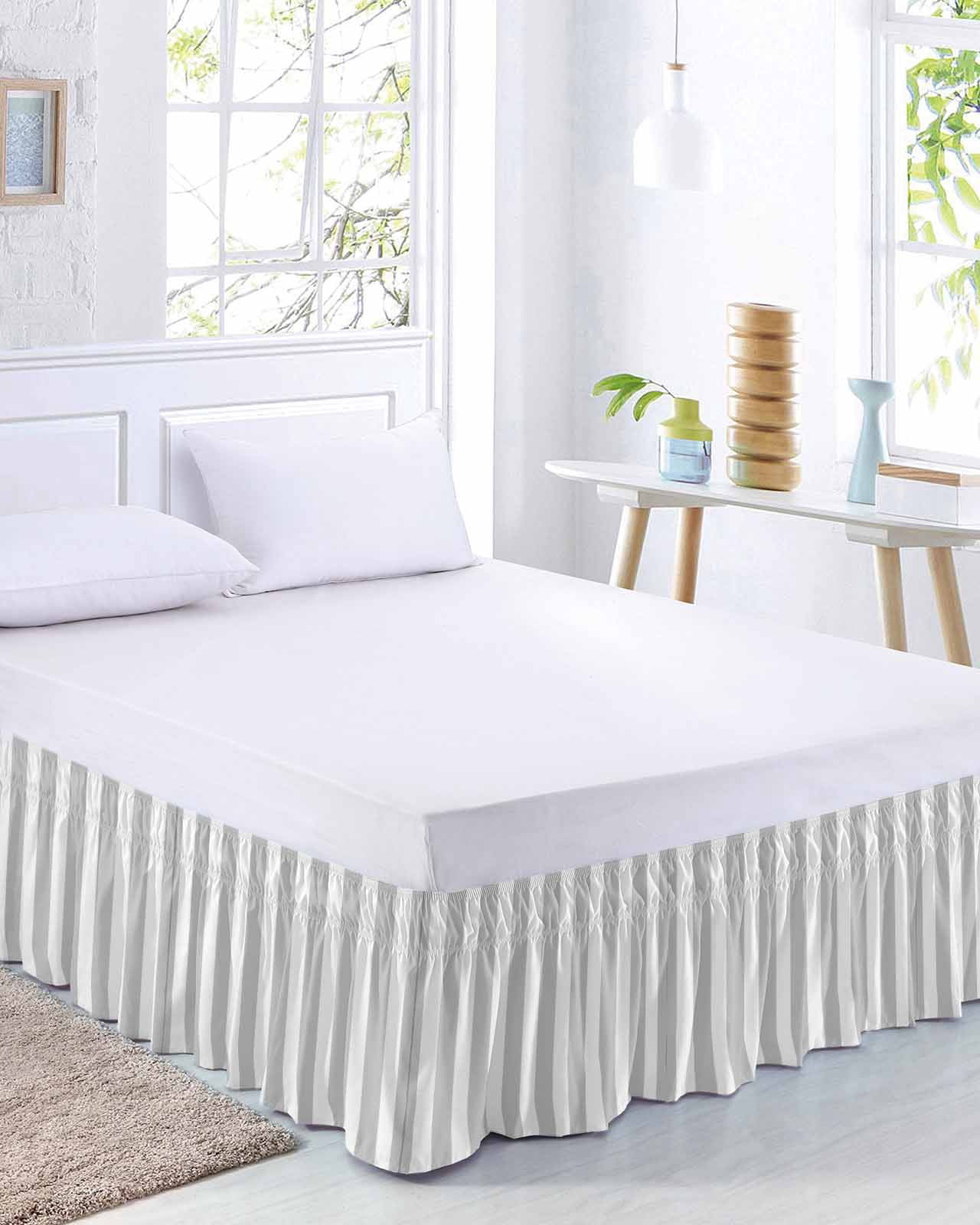 Grey Striped Bed Skirt King Size, Modern Farmhouse Gray White Stripes Wrap Around Bed Skirting with Adjustable Elastic Strap, Dust Ruffled Pleated Bedskirts 18 Inch Drop for Bedroom King Beds