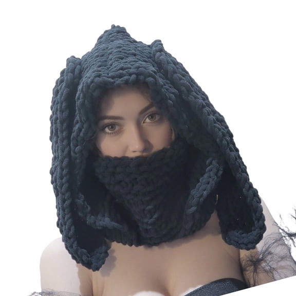 Knitted Balaclava Scarf Hat Women Winter Warmth Earmuffs Hat with Rabbit Ears