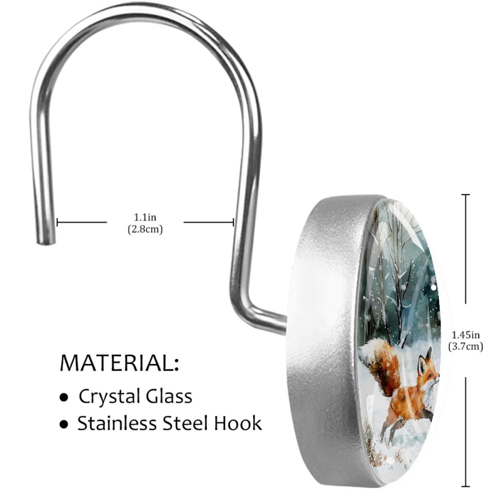 Snow Forest Foxes Shower Curtain Hooks Round Crystal Glass, Set of 12 Shower Curtain Rings - Shower Hooks for Curtain Shower Rings