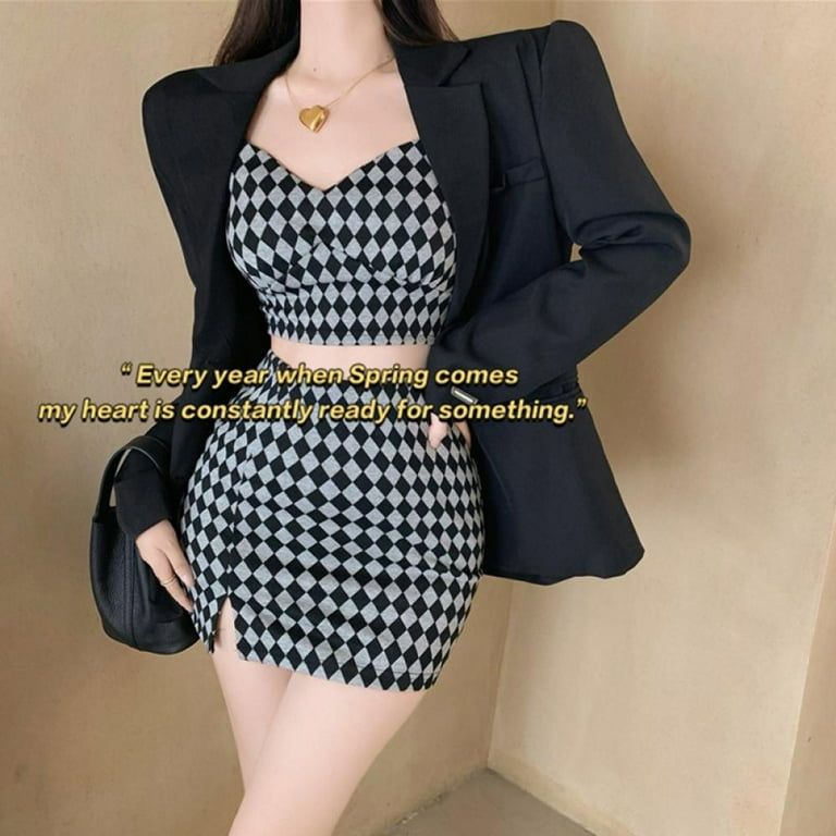 Women's 2 Piece Outfit Crop Top & Plaid Mini Skirt Sets V Neck Sleeveless  Camisole Crop Top Side Split High Waist Skirt Set 