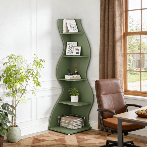 Fnova Étagère d'Angle à 5 Niveaux de 70 Pouces, Étagère de Rangement Moderne Haute Bibliothèque Support pour Plantes Organisateur pour Maison Bureau Salon Chambre, Vert