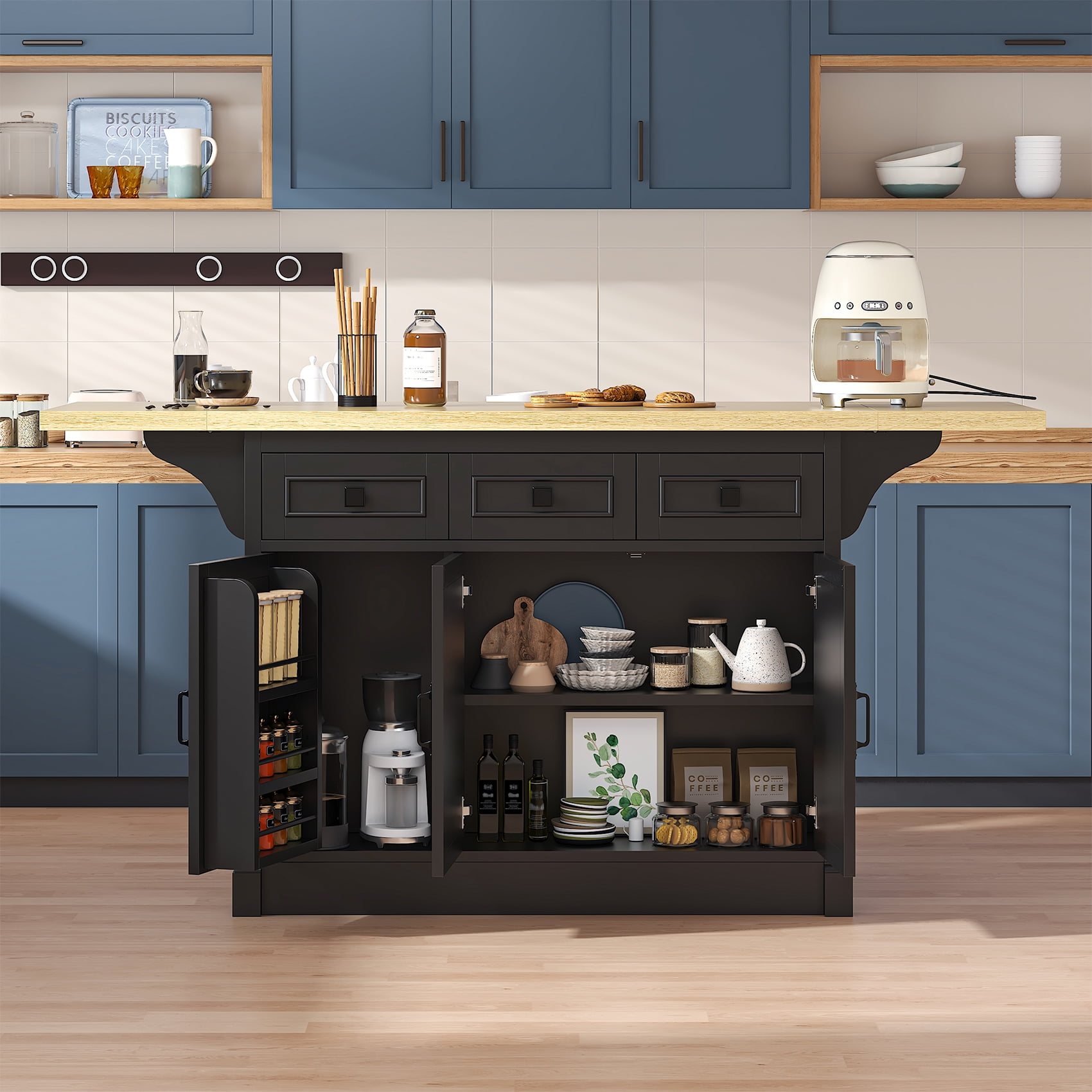HAUXITIO 71" Kitchen Island with Drop Leaf & Power Outlet, Rolling Cart with 3 Drawers, Trash Cabinet & Storage Racks,Black