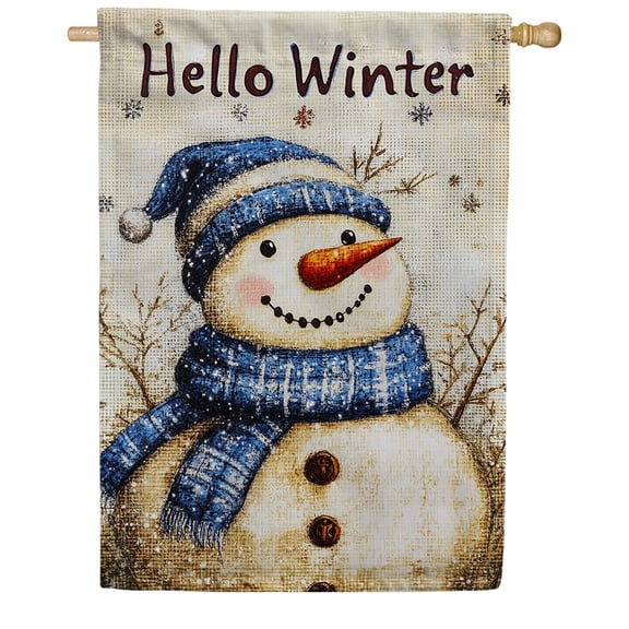 America Forever Rustic Hello Winter Snowman Double Sided House Flag 28 x 40 inch Vintage Outdoor Holiday Seasonal Decorative Yard Banner
