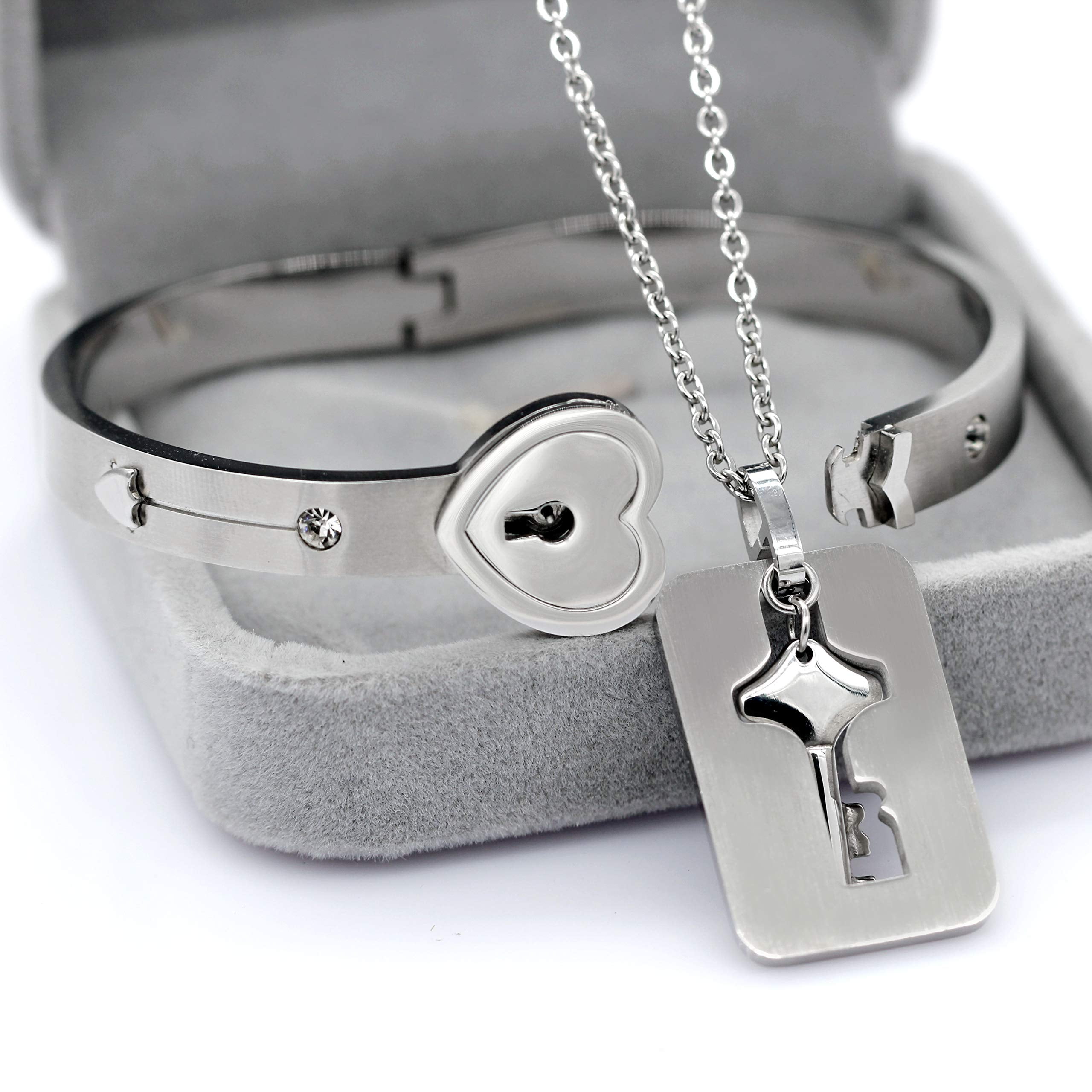 Heart Lock Bracelet and Key Necklace, Titanium Steel Couples