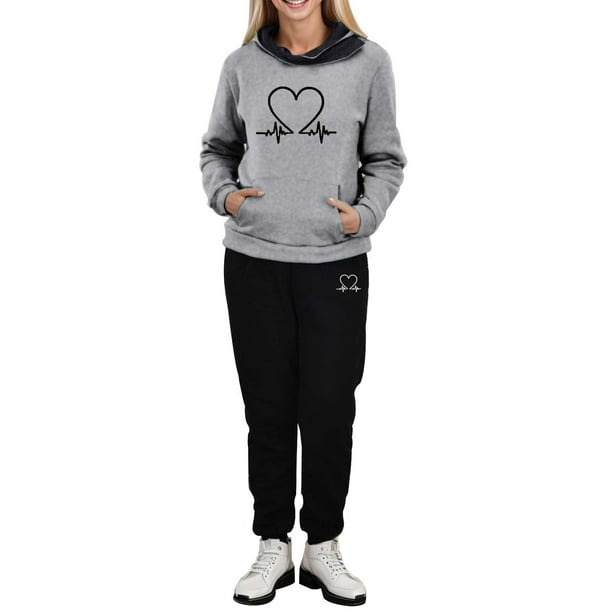 Gibobby Conjunto de sudadera informal para mujer Conjunto de sudadera con capucha para mujer con estampado y bolsillo, de manga larga y pantalones deportivos (Gris,XL)