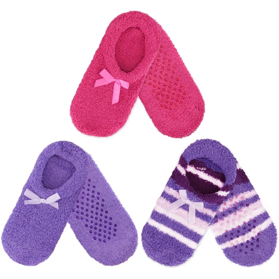 BambooMN Women's Fuzzy Travel Slipper Socks - Non-Slip Grips - Assortment 96 - 3 Pairs