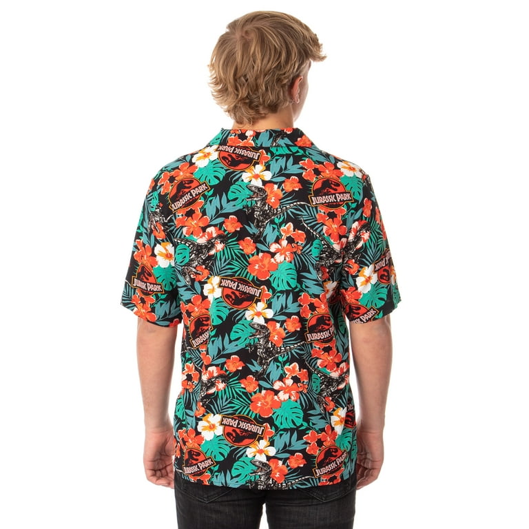 Jurassic Park Men s Velociraptor Floral Hawaiian Button Up Shirt Small