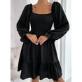 thumbnail image 5 of Women'S Square Neck Lantern Long Sleeve Ruffle Shirred Flowy Party Mini Dress Black L, 5 of 7
