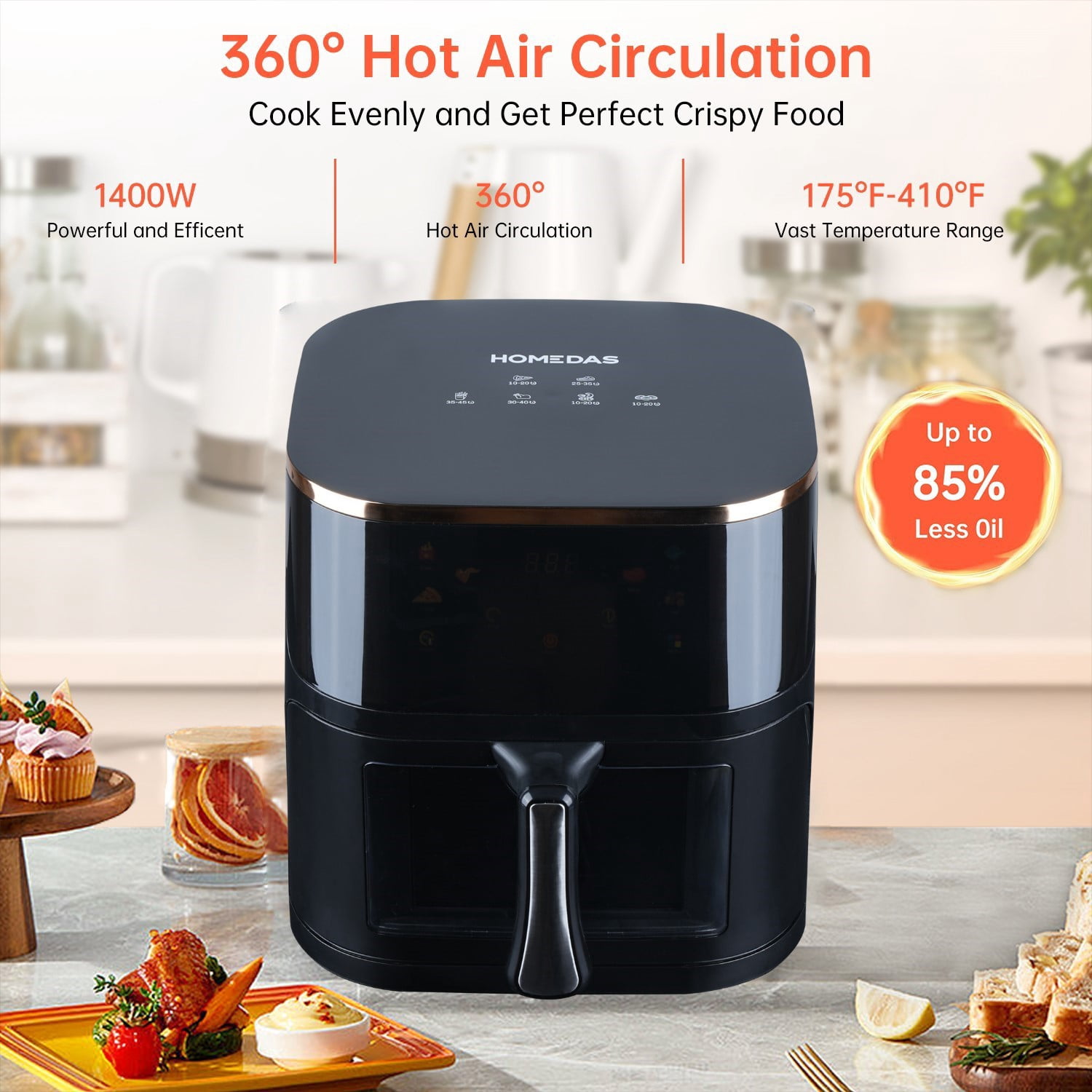 HOMEDAS® 6-in-1 Air Fryer 8.45QT 0illess 1400W Large Capacity Air Fryers Healthy Cooker with Visual Cooking Window