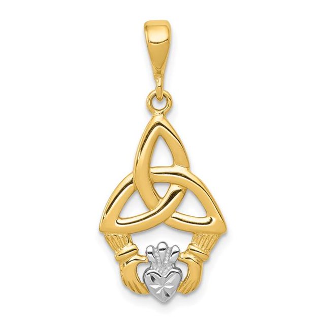 Quality Gold K2744 14K Yellow & Rhodium Diamond-Cut Claddagh Pendant