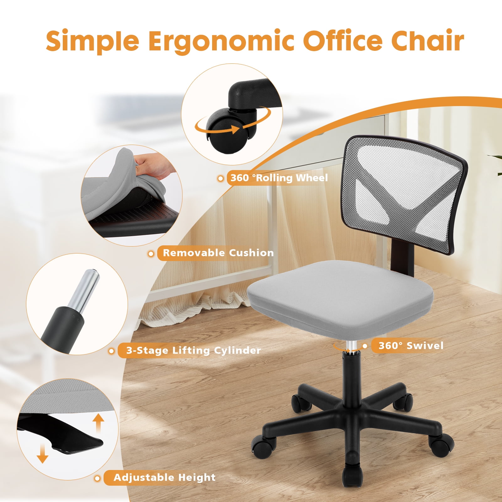 CONCETTA Ergonomic Home Office Mesh Desk Chair, Small Space, Armless Rolling Chair for Adults, Gray