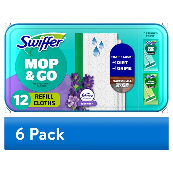 (6 pack) Swiffer Mop & Go, Wet Pads Refill, Floor Cleaner, Cleaning Cloths, Lavender, 12 Count