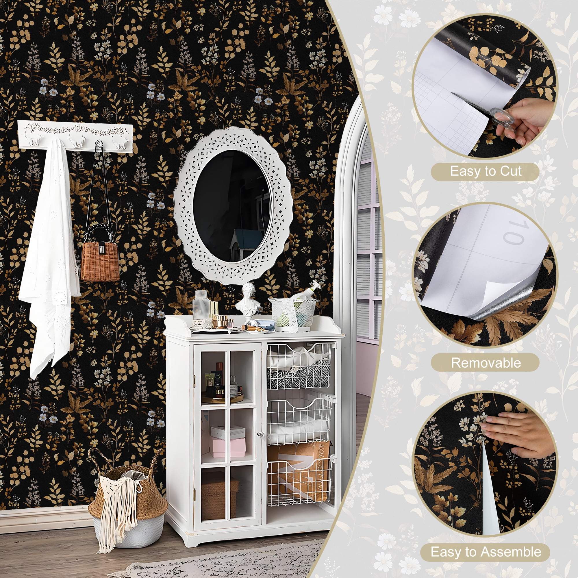 (3 pack) Abyssaly Peel and Stick Wallpaper 17.3" x 118" Black Gold Floral Wallpaper Self-Adhesive Removable Contact Paper for Home Decoration