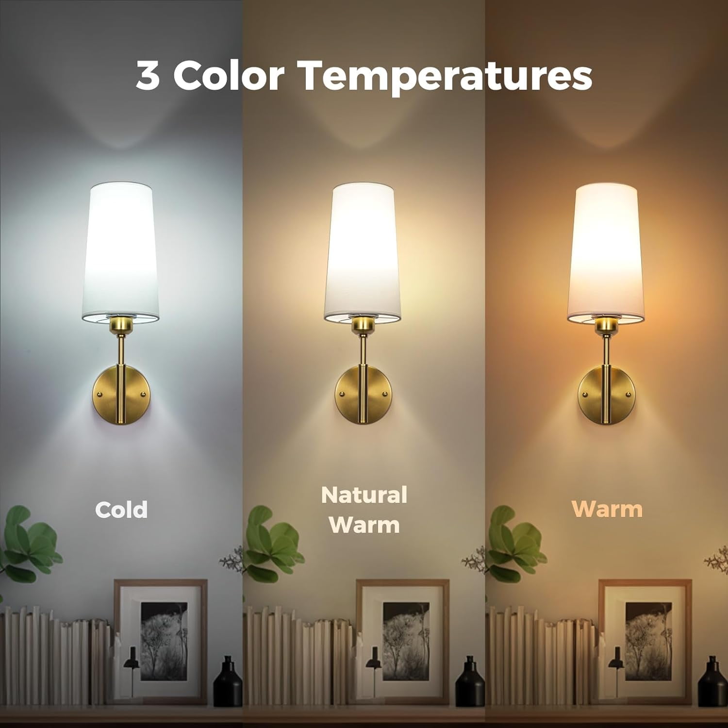 Battery Operated Wall Sconces Set of Two, Wireless, Rechargeable No Wiring Wall Lamp/Light for Bedroom, Gold