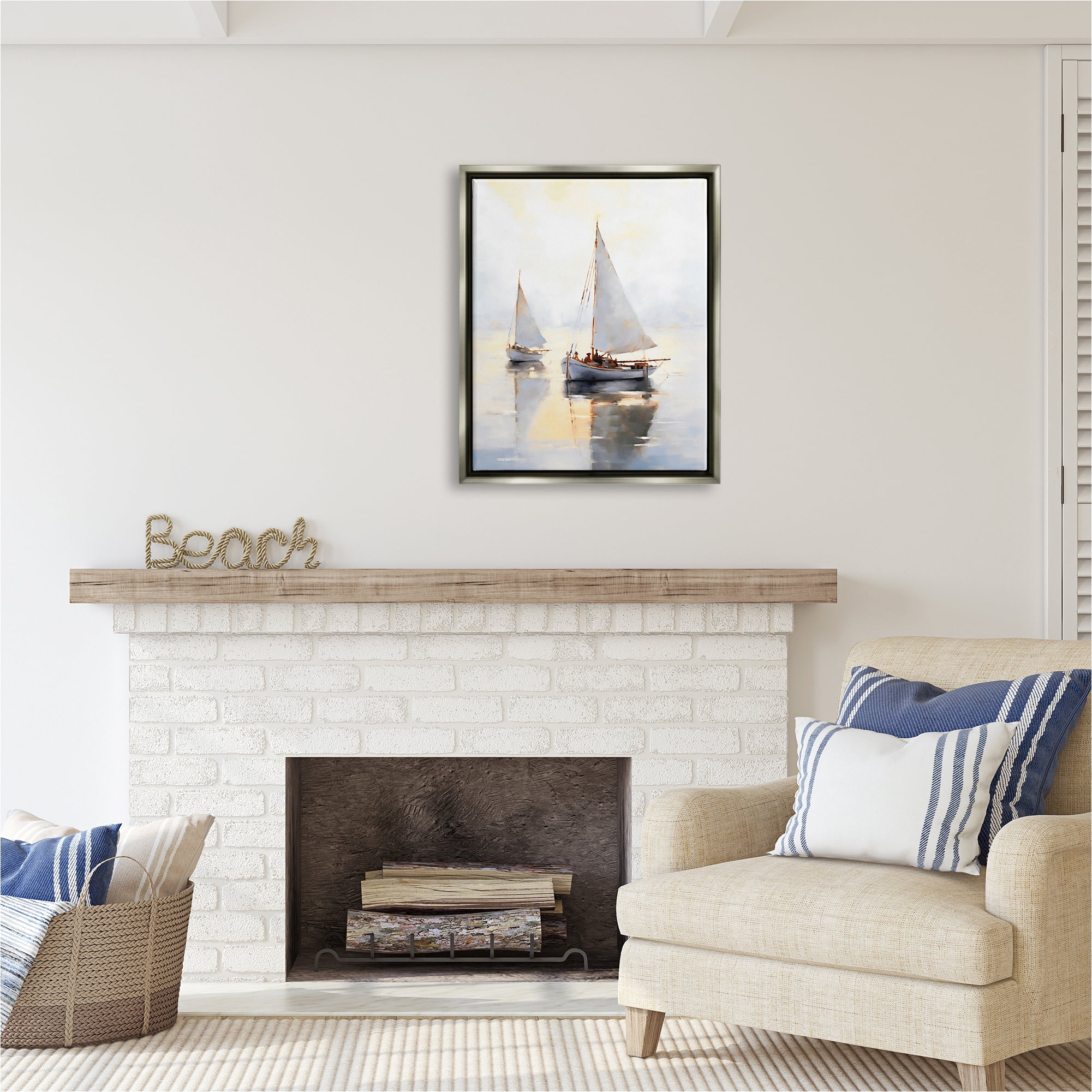 Stupell Industries Soft Sailboats Landscape Transportation Painting Gray Floater Framed Canvas Art Print Wall Art, 25 x 31