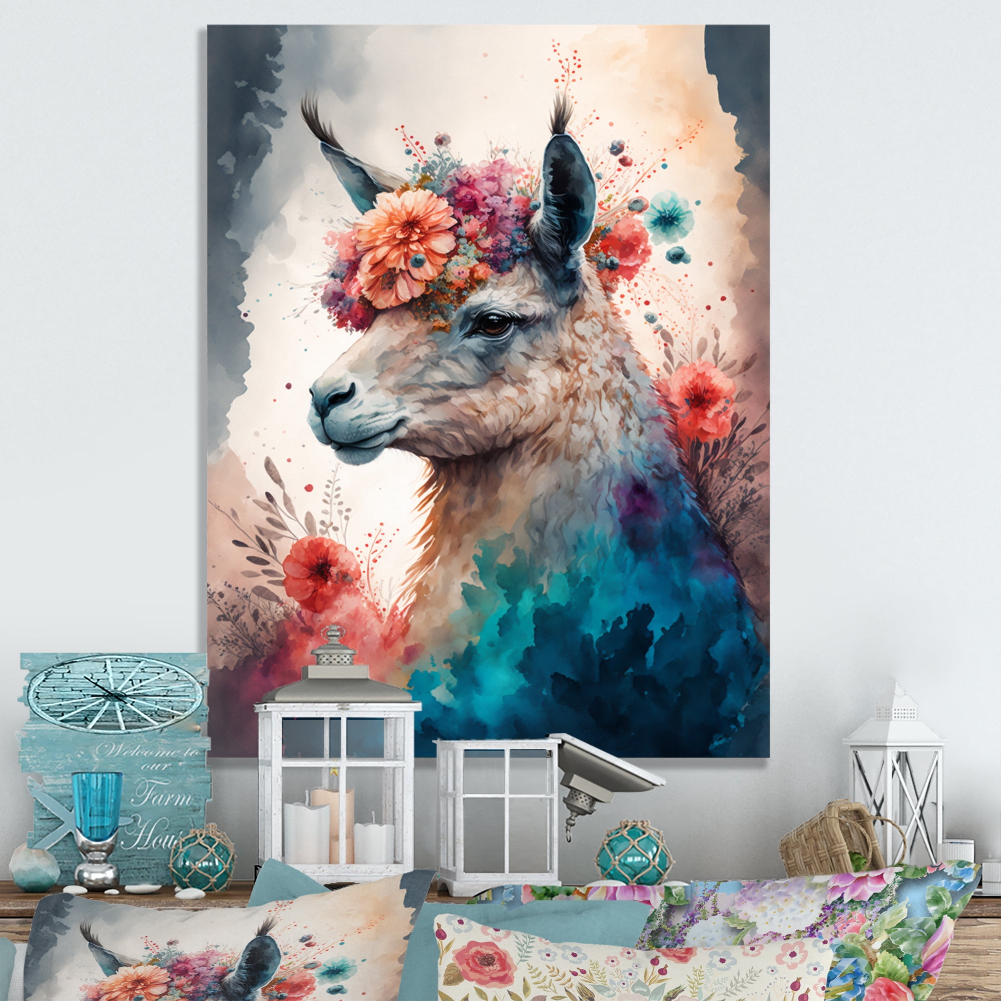 Designart Cute Llama Floral Art I Canvas Wall Art