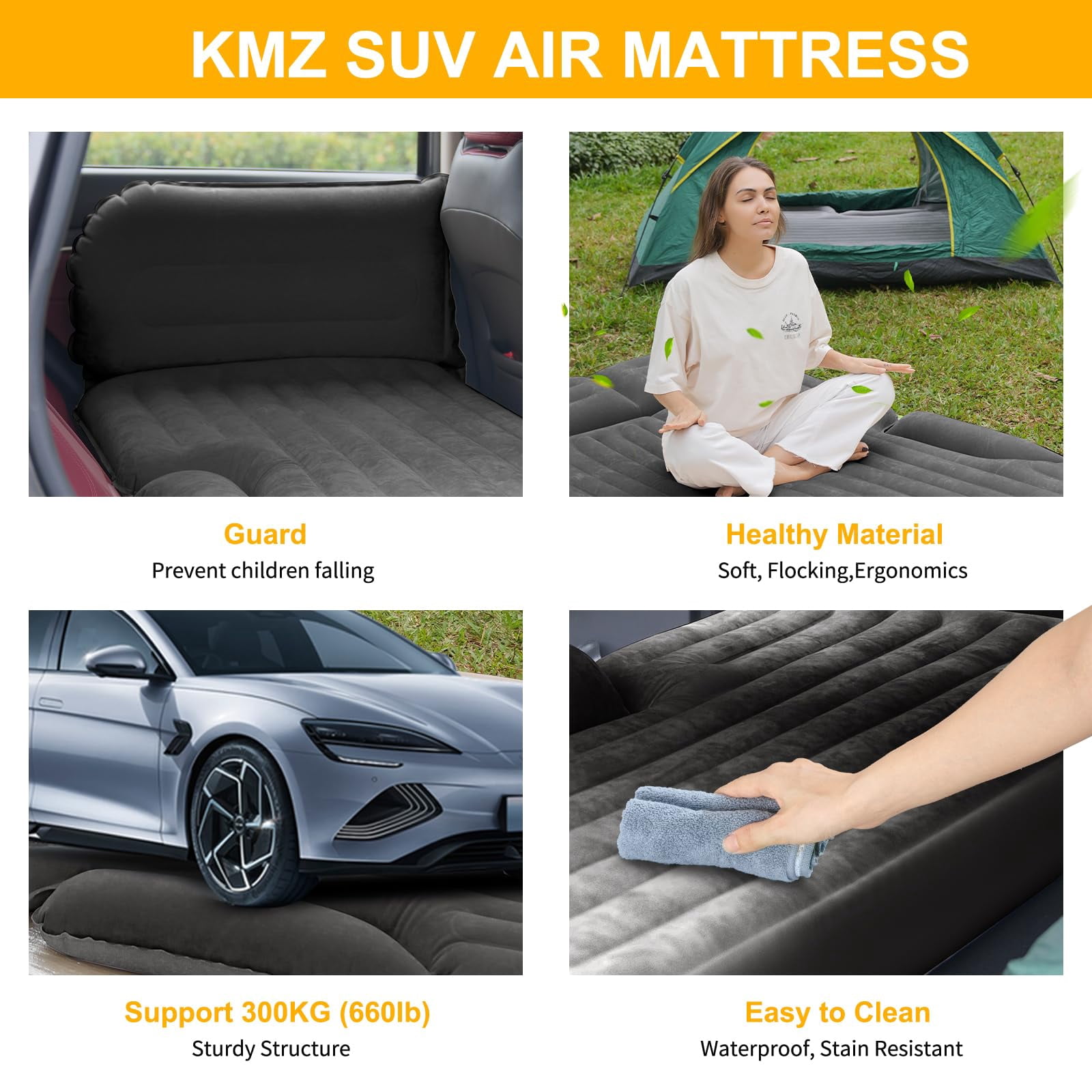 QDH SUV Air Mattress Thickened and Double-Sided Flocking Travel Camping Bed with 2 Pillows & Electric Pump Dedicated Mobile Cushion Inflatable Bed for SUV Trunk and Rear Seat (Dark Gray)