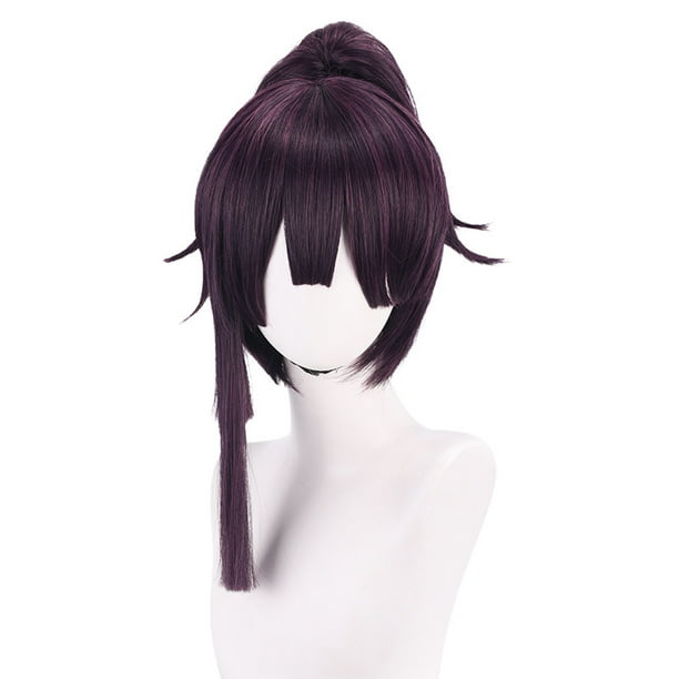 Peluca genérica para cosplay, color morado, corta, con cola de caballo puntiaguda