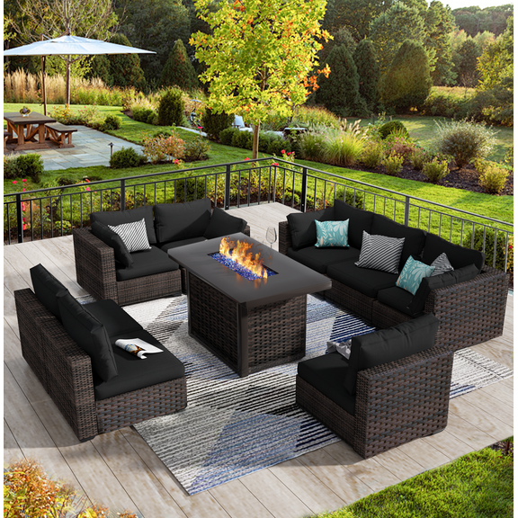 Gaildon 9 Piece Patio Furniture Set with Fire Pit Table, All Weather Outdoor Sectional PE Rattan, Patio Conversation Sets with Cushions and Glass Coffee Table for Garden Lawn Balcony Porch Deck