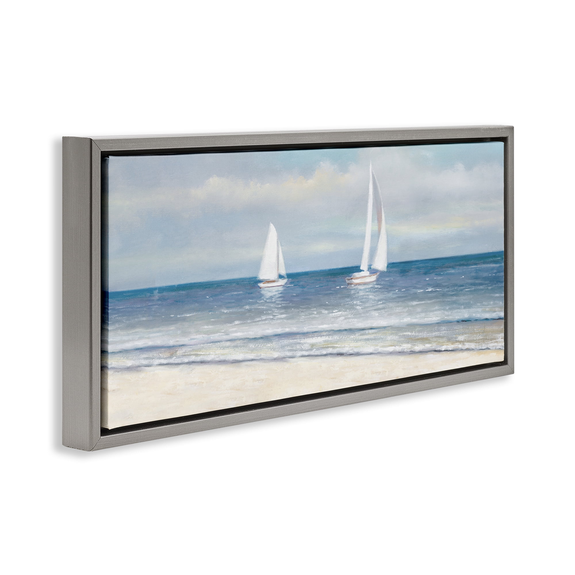 Stupell Industries Sooth Sailboats View Nautical & Beach Painting Gray Floater Framed Canvas Art Print Wall Art, 25 x 11