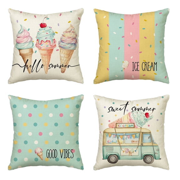 Sm:)e Ice Cream Sunshine Summer Pillow Cover Set of 4 - 18x18 Inch Polyester Decorative Cushions