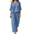 thumbnail image 3 of VBTAPA Womens Pants Sets 2 Piece Outfits Cotton Linen Half Sleeve Tops with Wide Leg Palazzo Pants Summer Lounge Set Sky Blue XL, 3 of 7