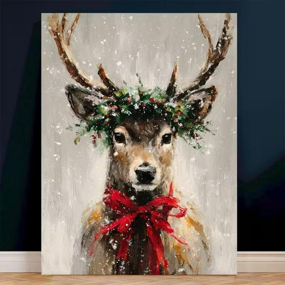 Christmas Reindeer Wall Art with Holly Wreath & Red Bow, 8x12 UNFRAMED