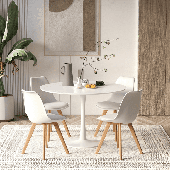 Aykah Modern Dining Table Set for 4 Featuring White Kitchen Table with 4 White Dining Chairs, White (Set of 4)