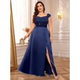thumbnail image 6 of Navy Blue Plus Size Sleeveless Sequin Lace Bodice Satin A-Line High Slit Formal Evening Gown, 6 of 7