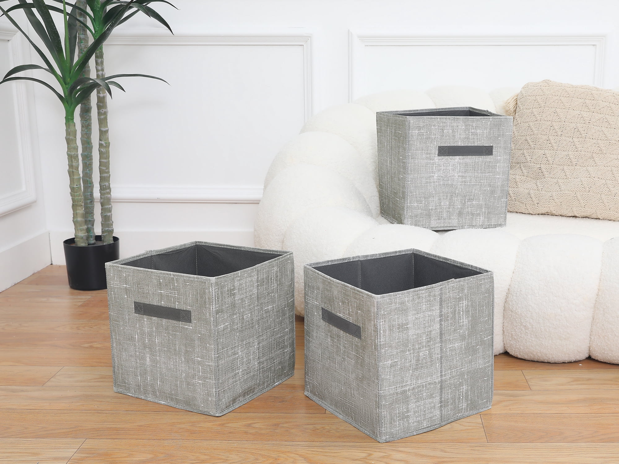 Unique Bargains Storage Cube 3 Pcs Fabric Storage Bin with Handle Gray