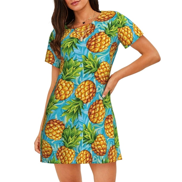 Fotbe Pineapple Bata de Dormir para Mujer con Estampado, Camisón de Algodón de Manga Corta, Ropa de Dormir Casual