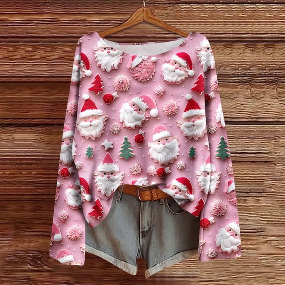 Mgmyaa Women's Long Sleeve Shirt Christmas-Themed Crew Neck Batwing Sleeve Casual Top