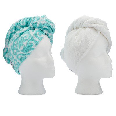 Turbie Twist Cotton Hair Towel Aqua Paisley and White - 2pk