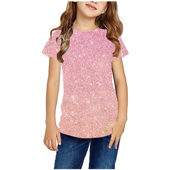 Zwiiyzr 2024 Toddler Tops Short Sleeve Round Neck Pullover Top Plus Size Loose Blouses Casual Summer Satin Graphic Tee Shirts Pink-3-4 Years