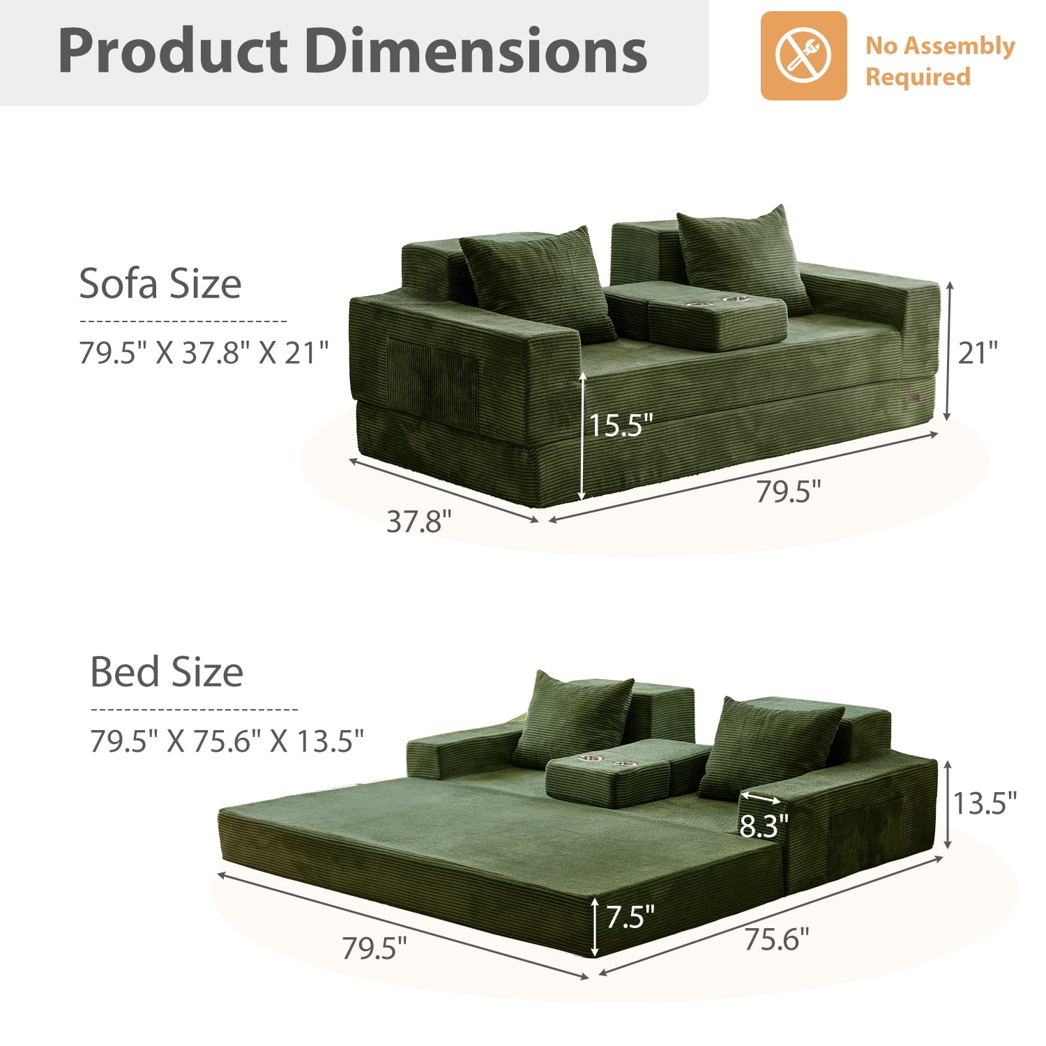 BYBYME Convertible Sofa Bed,Folding Lounger 4-in-1 Boneless Sofa with 3 Pillows and 2 Cup Holders,Floor Sofa for Small Spaces Such as Living Rooms,No Assembly Required,3 Seater,DGreen