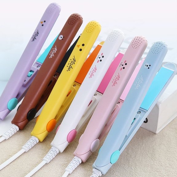 2 in 1 Mini Hair Straightener Hair Flat Iron Ceramic Tourmaline Plate Beauty Flat Iron Heating Curler, Purple