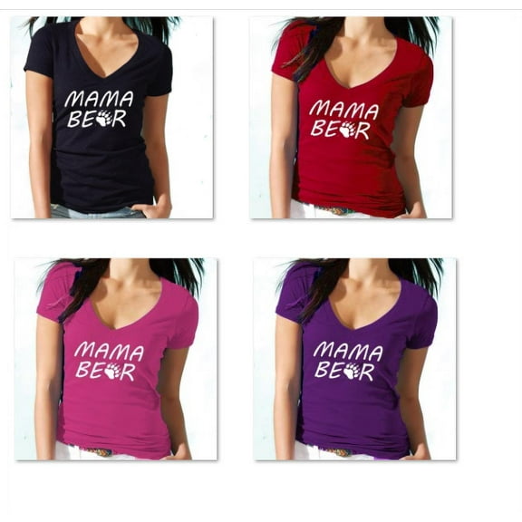 Women's Mama Bear Printed V-neck Tshirt Mother's Day Gift Short Sleeve Vneck T-Shirt Soft and Comfy Shirt, Lightweight Shirt Black Tee Small