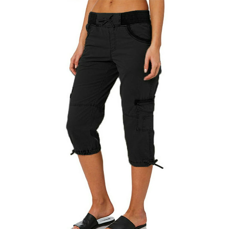 Niuer Women Summer Cargo Pants Hight Waist Beach Loose Linen Capris Pants  Holiday Drawstring Cropped Pants Loungewear Size S-3XL Black XL 