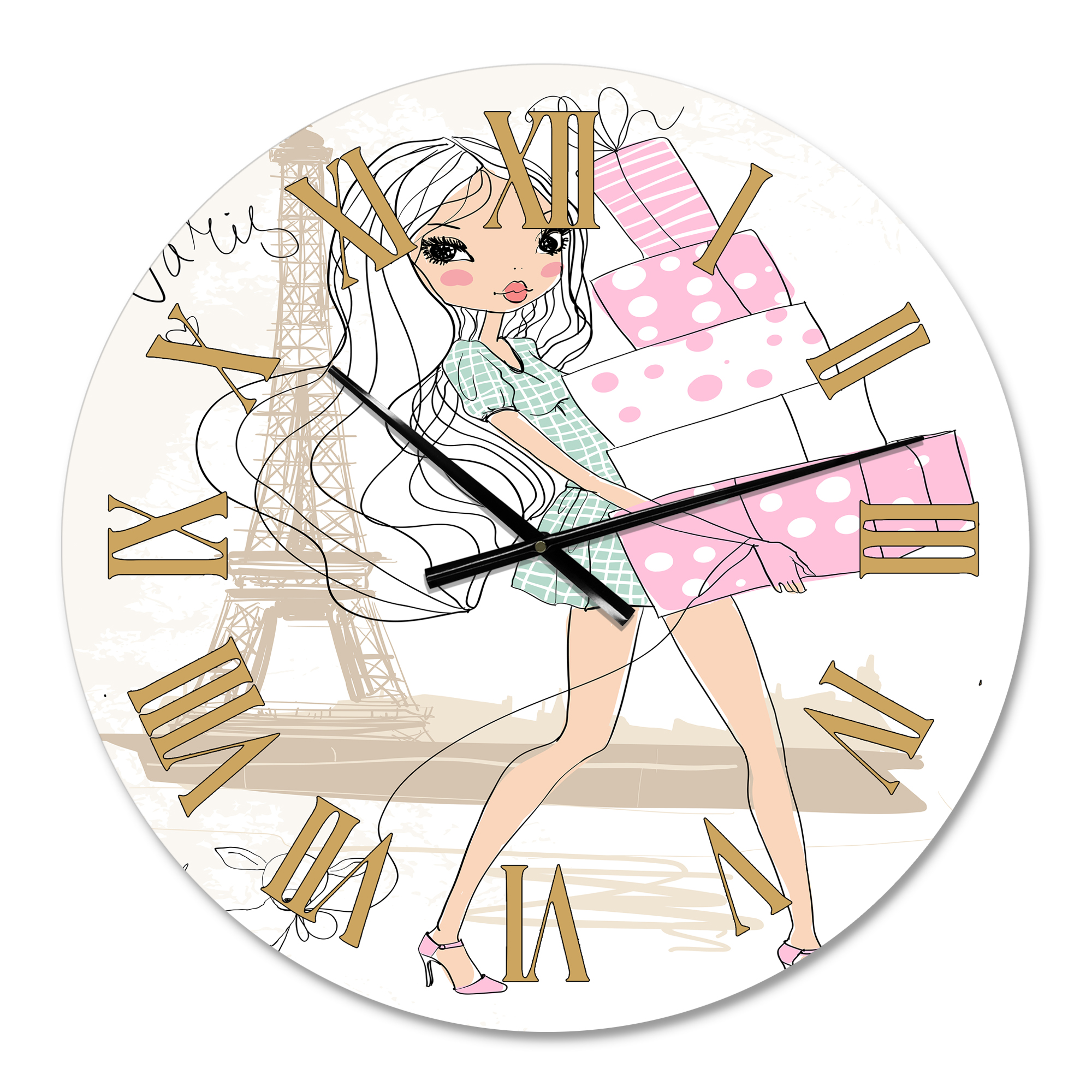 Designart 'Young Girl With Shopping Boxes In Paris' Shabby Chic Wall Clock