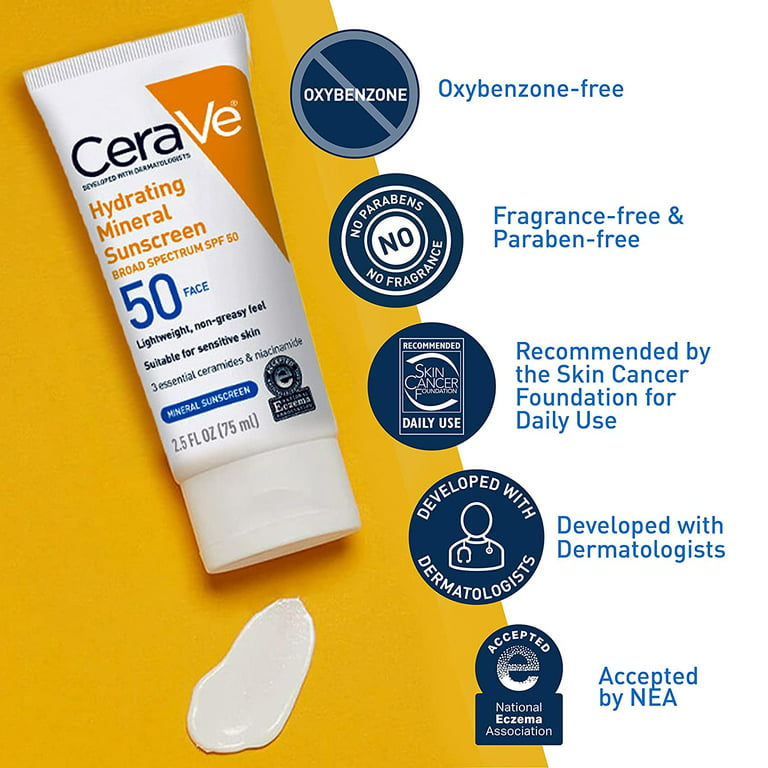 Genoplive Civic sælge CeraVe 100% Mineral Sunscreen SPF 50 | Face Sunscreen with Zinc Oxide &  Titanium Dioxide for Sensitive Skin | With Hyaluronic Acid, Niacinamide,  and Ceramides | 2.5 oz - Walmart.com