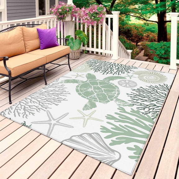 Sage Green Coastal Turtle Outdoor Rug 6x9 Ft, Non Slip Washable Area Rug, Ocean Coral Nautical Patio Rugs Carpet Runner, Large Floor Mat for Indoor/Outdoor Deck Porch Camping