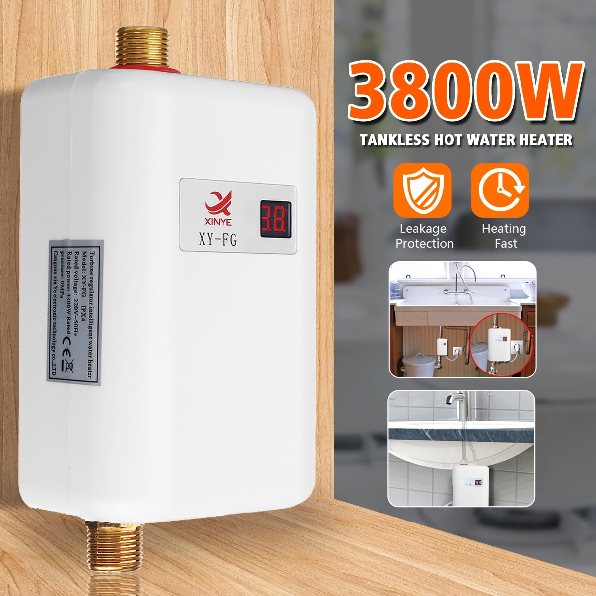 3800W 110V/220V Stainless Steel Mini Electric Tankless Instant Hot Water Heater 