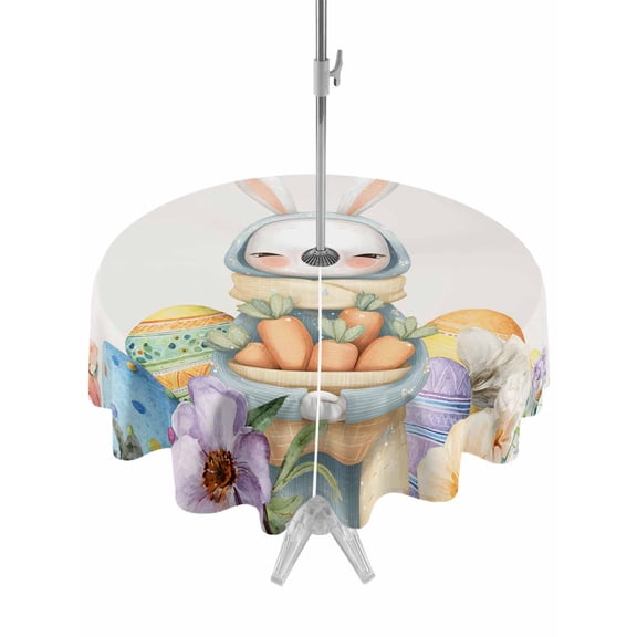 Easter Outdoor Tablecloth - 60 Inch Round Dining Table Cover, Spring Watercolor Bunny Carrots Eggs Flowers Beige Waterproof Outdoor Table Cloth with Umbrella Hole & Zipper for Picnic/Patio/Party