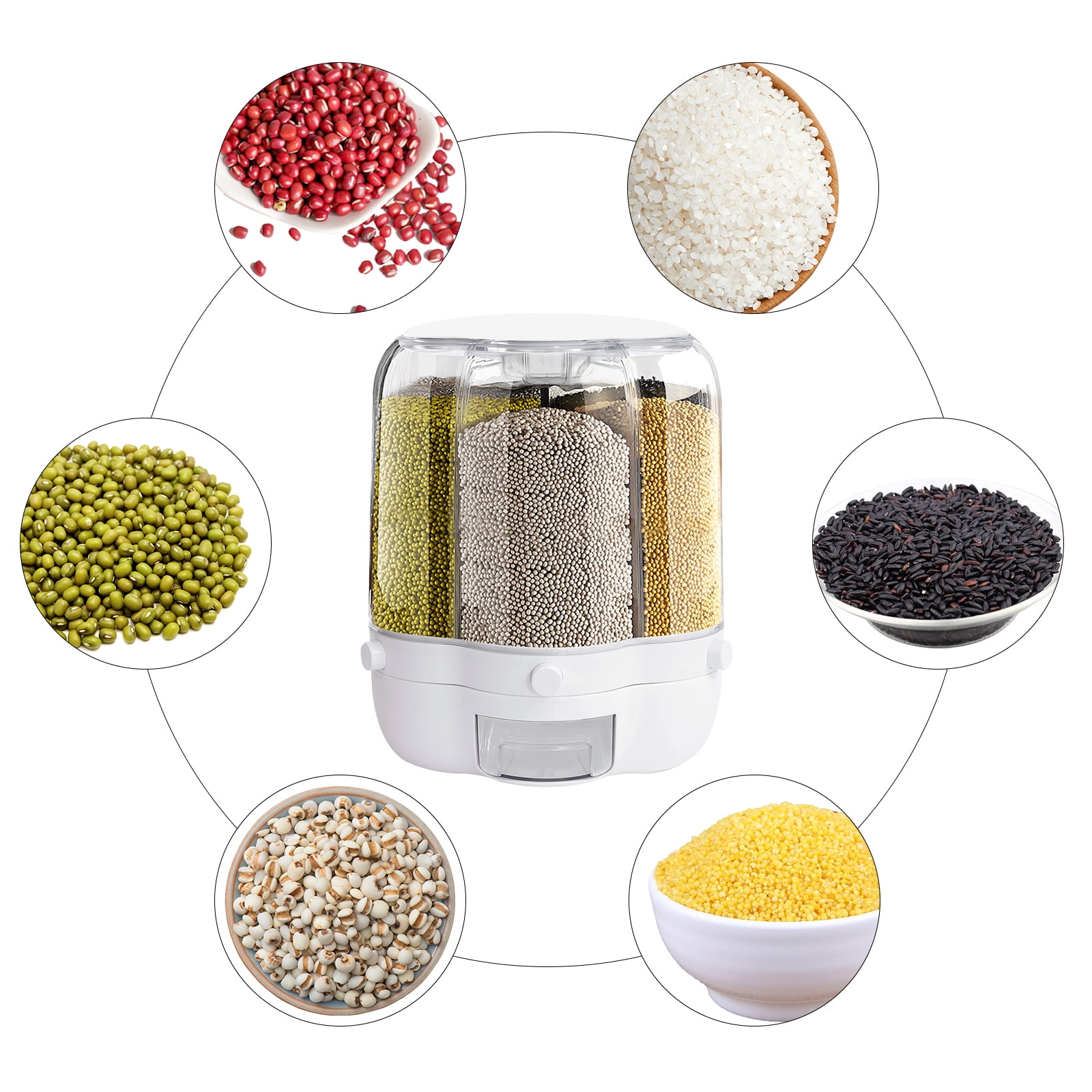 12.5kg/28lbs Rice Dispenser, 6 Grid 360° Rotating Rice Container Cereal Dispenser with Lid, Grain Storage Organizer Holder for Kitchen Countertop Dry Food, White
